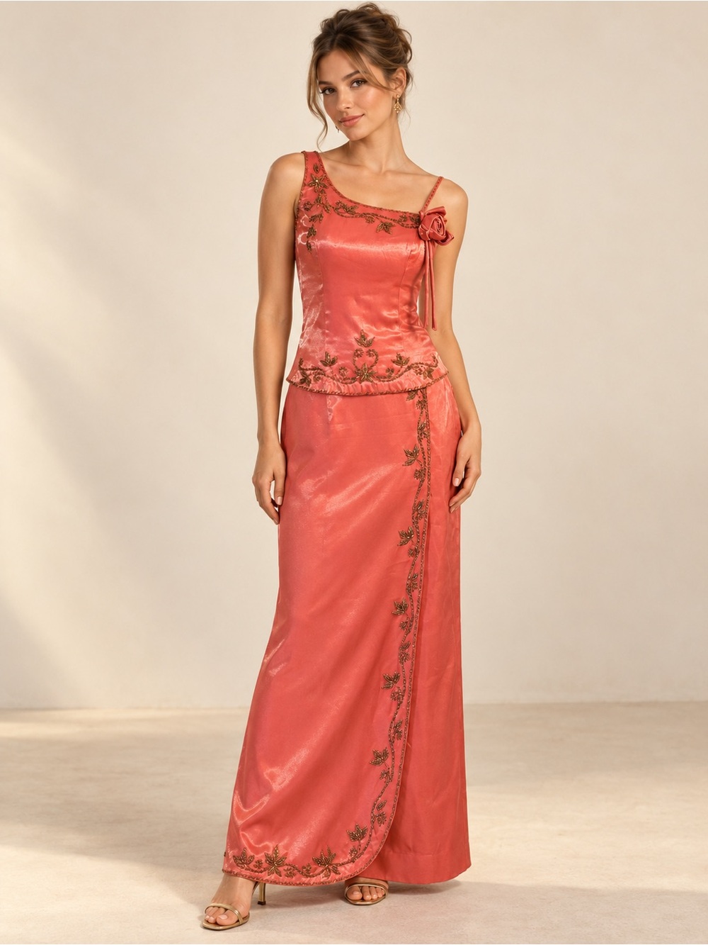 Vintage 90s Handmade Coral Satin Beaded Two Piece Formal Maxi Skirt Set